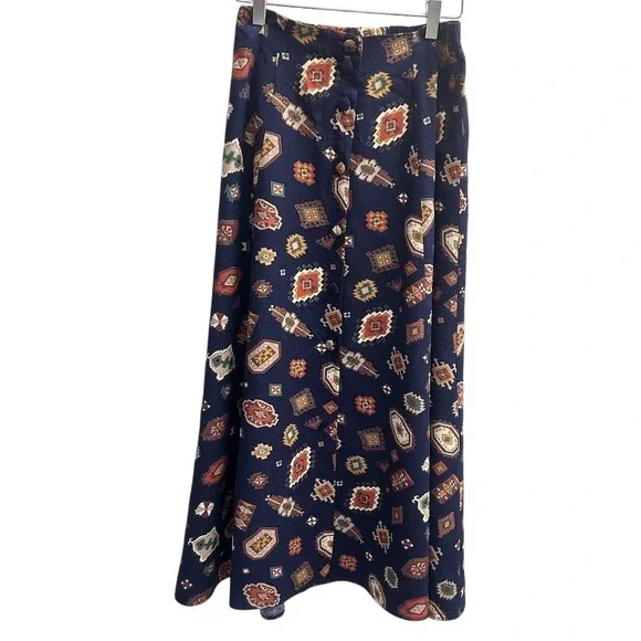 PAMELA B Maxi Skirt Southwestern Print Button Front Navy Blue Rayon Women's VTG - Picture 2 of 6